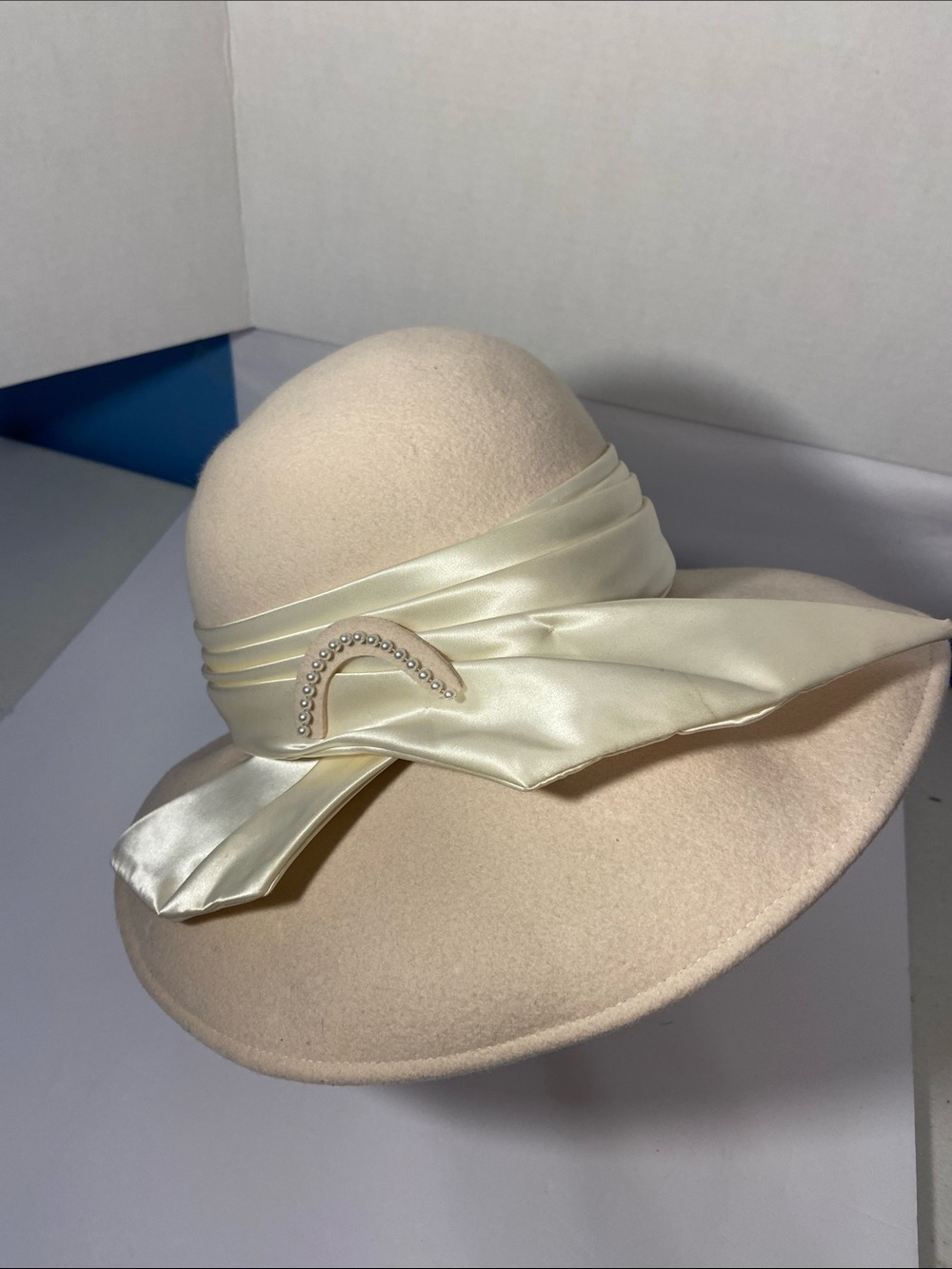 Vintage Ivory Satin-Trim Wide Brim Wool Hat